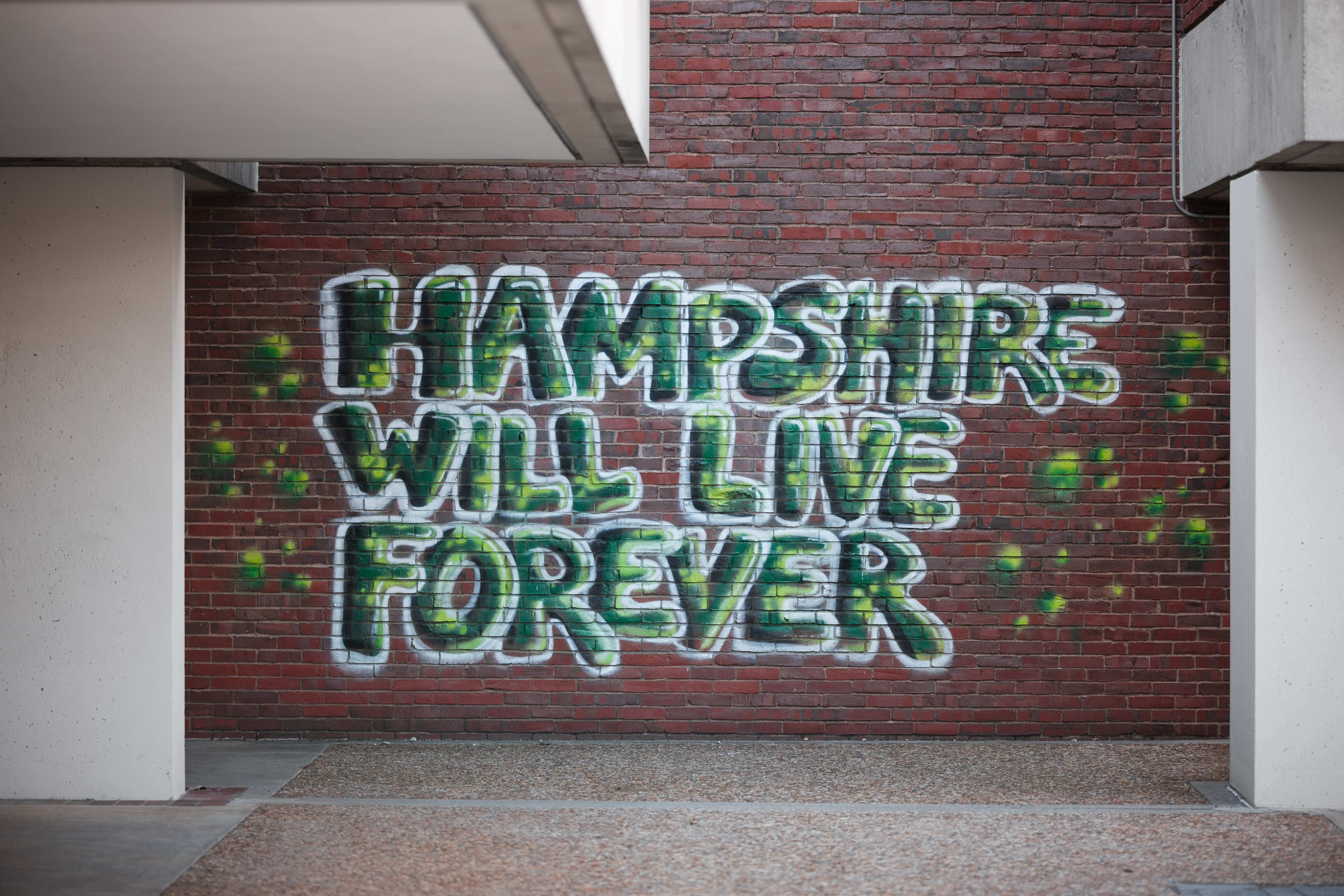 A brick wall with green graffiti that says "Hampshire Will Live Forever"